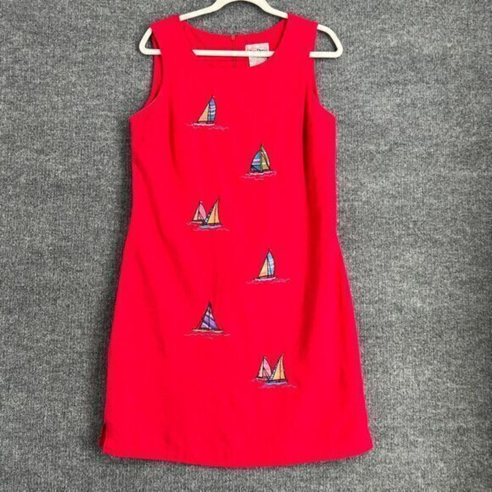 Vintage Ultra Womens Embroidered Linen Blend Sheath Dress Size 10 Red Sailboat